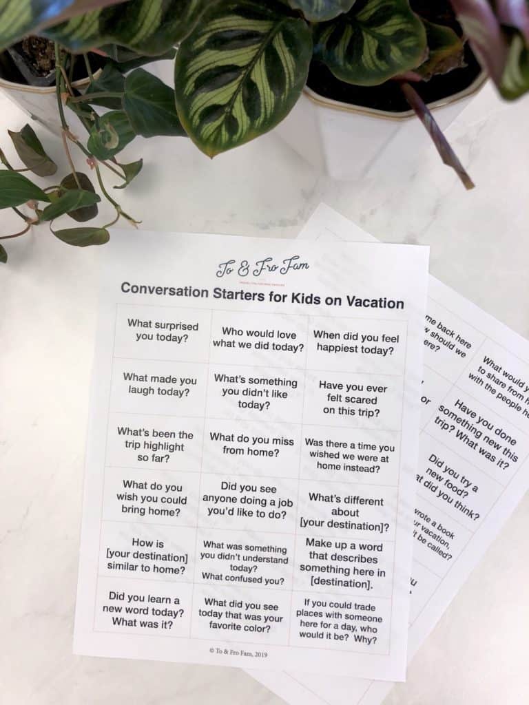 Conversation starters printable for family discussions on vacation. To & Fro Fam
