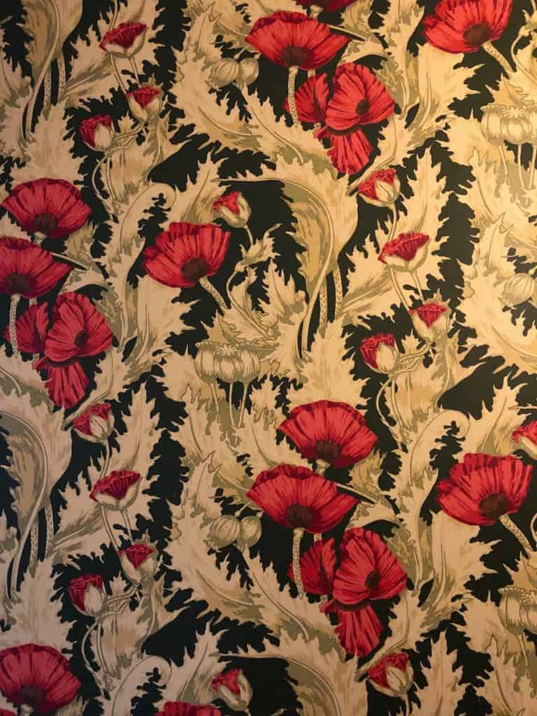 Historic poppy wallpaper in the National Registry of Historic Places mansion, Campbell House, in Spokane WA. To & Fro Fam