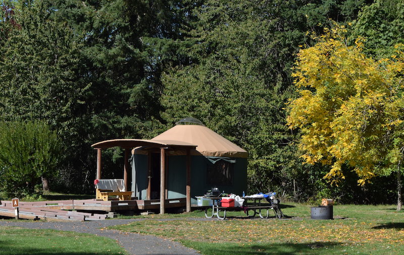 Yurt camping in Oregon: One of our favorite and most convenient campgrounds is Champoeg State Park, less than an hour from Portland, OR. Stay in yurts and cabins, or bring your tent and RV. Then have fun on family friendly bike trails, hiking trails, disc golf course and historic buildings to tour. To & Fro Fam